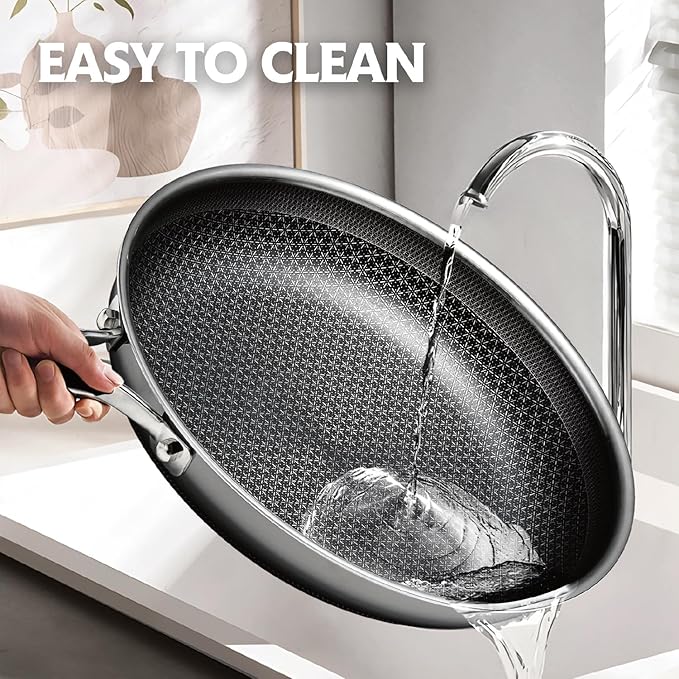 Frying Pan with Lid, 10 Inch Hybrid Non Stick Stainless Steel Skillets, Dishwasher Induction Oven Broiler Safe, Non Toxic Chef's Pan, PFOA Free Cookware