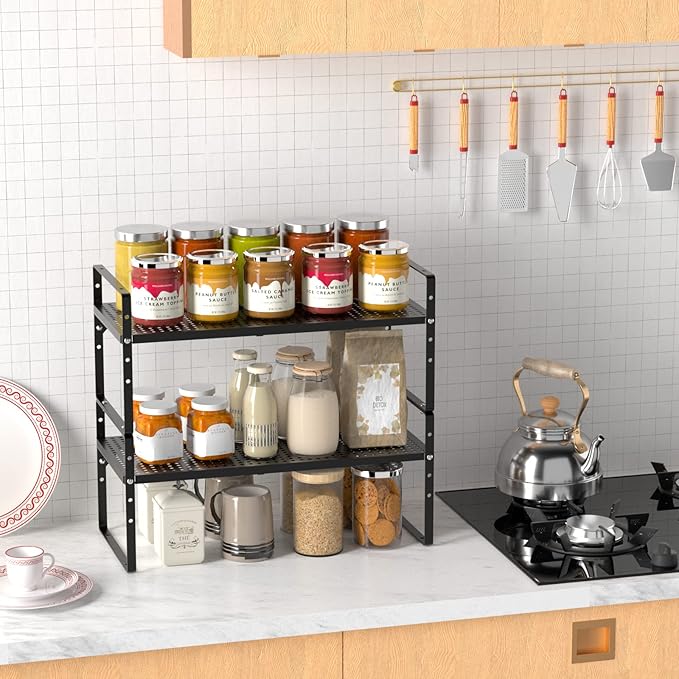 iPEGTOP 2 Pack Large Expandable Cabinet Storage Shelf, Heavy Duty Stackable Steel Metal Spice Rack Adjustable Height Home Office Pantry Garage Shelves for Counter Kitchen Organization, Black