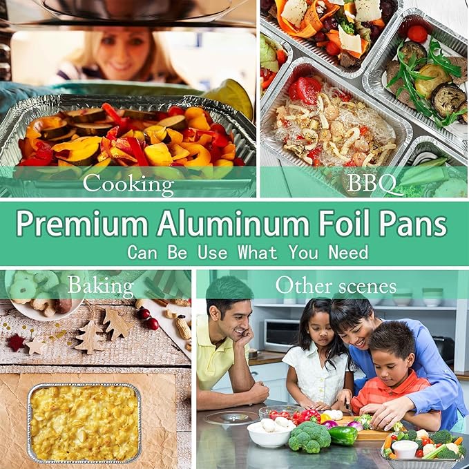 WANBAO 100 PACK 8.3"x6.2" Disposable Tin Foil Pans with Plastic Lids 2.25LB Aluminum Foil Food Containers for Cooking, Baking, Catering Party Meal Prep, Take Out, Freeze, Food Storage
