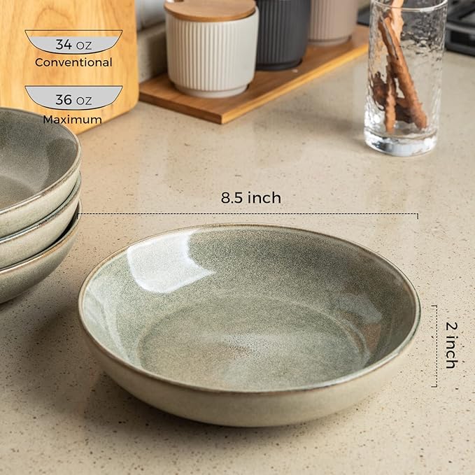 AmorArc 8.5'' Large Pasta Bowls, 36oz Stoneware Pasta Serving Bowls Set of 6 for Kitchen, Wide Bowls for Pasta,Salad,Oatmeal, Microwave Safe, Reactive Glaze