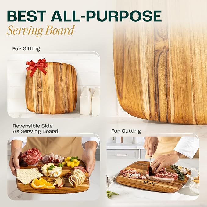 Yes4All Teak Cutting Boards for Kitchen, [16''Lx11''Wx0.6”] Easy Handle Serving Board, Pre-Oiled Teak Wood Charcuterie Board, Multipurpose use for Slicing, Serving, Decorating Wood Cutting Board