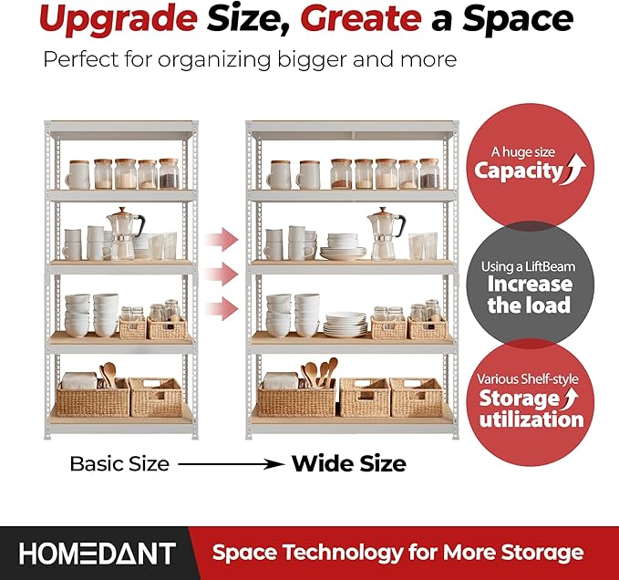 HOMEDANT White 5 Tier Laminated Boltless Heavy Duty Garage Storage Adjustable Wide Size Metal Shelving Unit Utility Rack Shelves Organization Shelf Shed Warehouse 47.7" W x 24.1" D x 71.3" H 1Pack