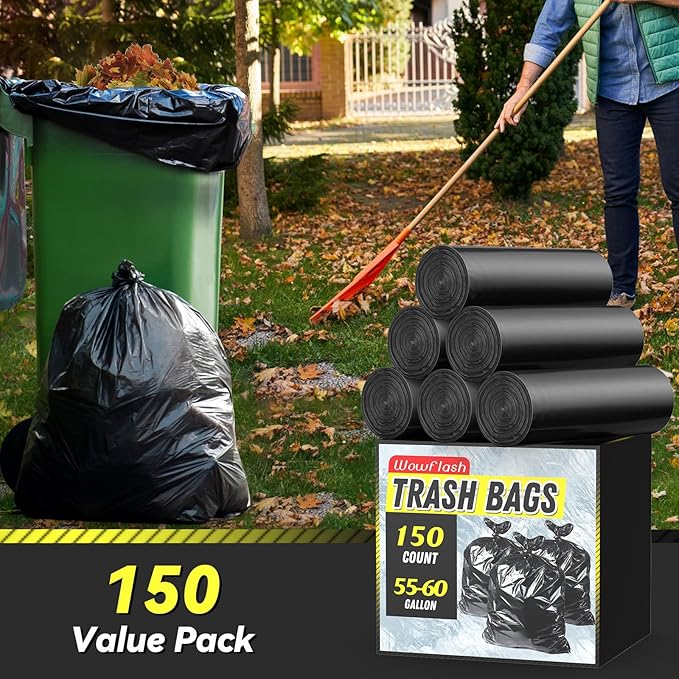 150 Count 55-60 Gallon Trash Bags, Sturdy & Tear-Resistant Commercial Can Liners 55 Gallon, Large Garbage Bags, Large Black Trash Bags for Commercial, Lawn and Leaf Bags