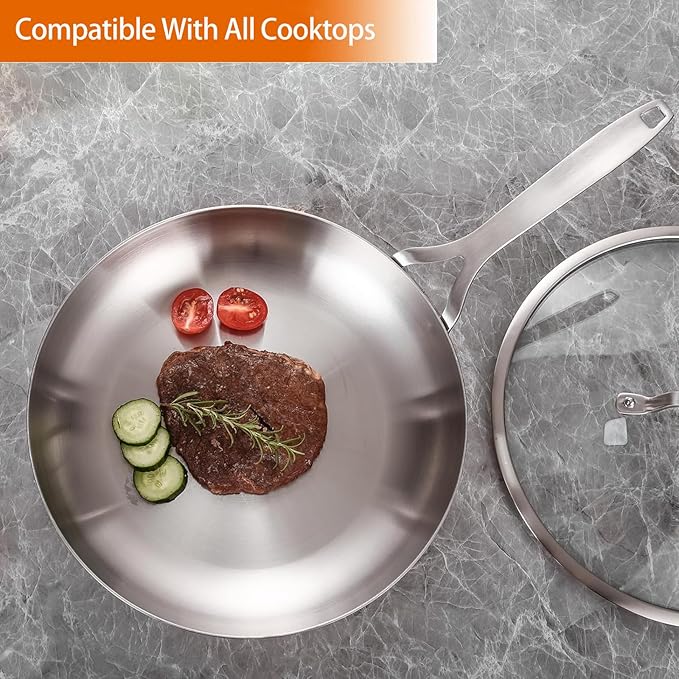 DELARLO Tri-ply Stainless Steel Frying Pan Set with Lid 10"12" large Skillets Induction Chef's Pan,Pots and Pans Set Kitchen Cookware Set Dishwasher and Oven Safe