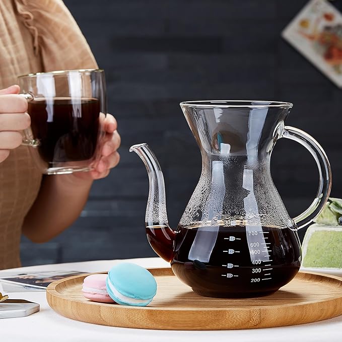 Unbreakable - Pour Over Coffee Maker with Double Stainless Filter 34 fl oz, Thickened Heat-Resistant Borosilicate Glass Pour Over Coffee Dripper, Stovetop Safe