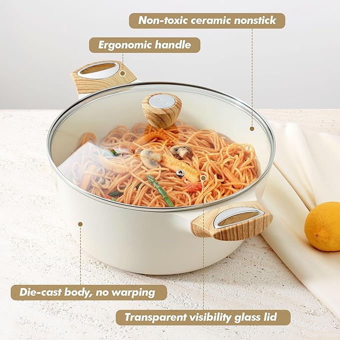 SENSARTE Ceramic Nonstick Stock Pot with Lid, 2.6/4.5/6.6/8.5 QT Soup Pot Casserole, Non-toxic Healthy, Induction Compatible, PFOA PFAS PTFE Free, White