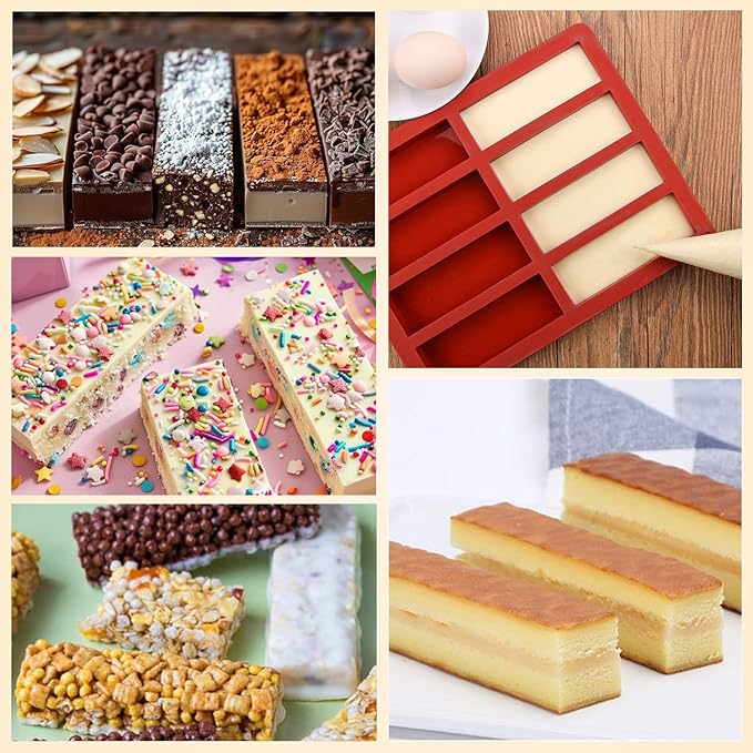Rectangle Silicone Molds For Baking，1 Inch Deep Chocolate Bar Mold - 8 Cavity，Homemade Granola Cereal Candy Bar Mold - Set Of 2