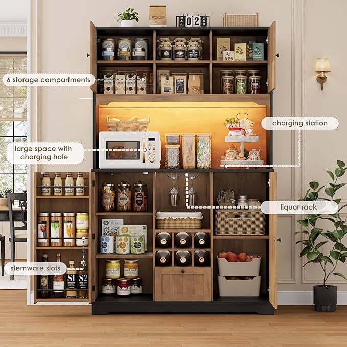 FINETONES 71" Pantry Cabinet with LED Light and Charging Station, Kitchen Pantry Cabinet with Microwave Stand, Kitchen Hutch Food Storage Cabinet with Outlet and Wine Racks, Black/Brown