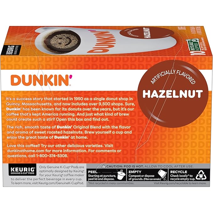 Dunkin' Hazelnut Flavored Coffee, 60 Keurig K-Cup Pods,10 Count (Pack of 6)