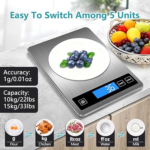 Food Scale, Digital Kitchen Scale 22lb/10kg Steel and Tempered Glass with 1g/0.1oz Precision, Tare & 10 Units, LCD Display for Baking, Cooking, Meal Prep, Coffee, Postage Silver