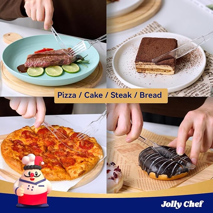 JOLLY CHEF 300 Count Clear Plastic Knives Heavy Duty, 7.7" Heat Resistant Solid and Durable Plastic Knives Disposable, Disposable Bulk Cutlery Suitable for Parties Supply Events Everyday Use