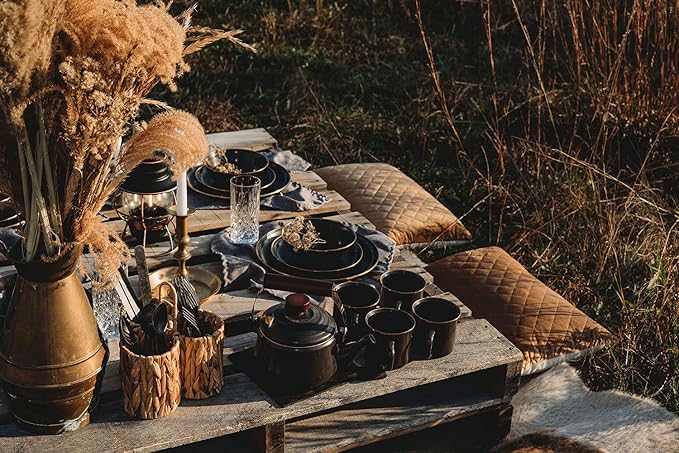 Barebones Enamel Teapot - Vintage Inspired Design - Baked Stainless Steel Rim - FSC Certified Natural Walnut Tea Kettle - 1.5 Liters, 6 Cups (Charcoal)