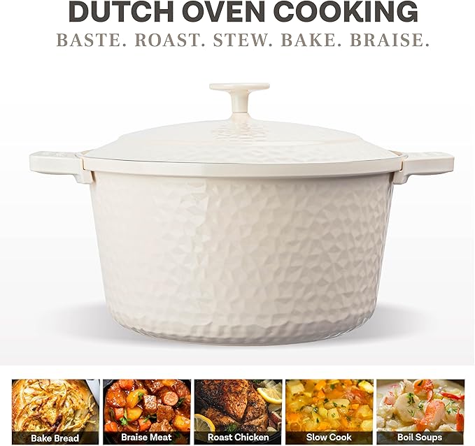 Gotham Steel Hammered 5 Qt Lightweight Dutch Oven Pot with Lid & Holders, Ceramic Non Toxic, Oven Safe & Even Heat Retaining Dutch Oven for Bread Baking Sourdough, Soup, 70% Lighter than Cast Iron