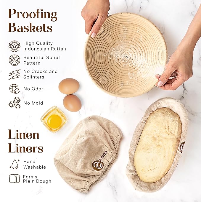 Sourdough Bread Baking Supplies and Starter Kit - Ultimate Bread Making and Sourdough Starter Kit with Proofing Baskets, Sourdough Jar, Bread Lame, Scrapers and Danish Whisk