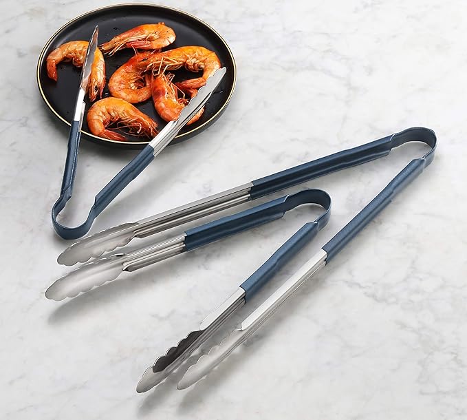 New Star Foodservice 534583 9-Inch Utility Spring Tongs, Stainless Steel, Vinyl Coated, Set of 12, Blue