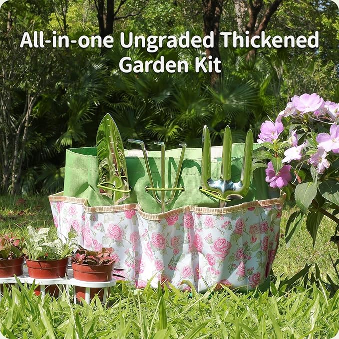 Garden Tool Set,10 Piece Garden Kit,Heavy Duty Stainless Steel Gardening Hand Tools with Durable Storage Tote,Rust-Proof Garden Tools,Gardening Gifts for Women Men Pink Floral Pattern Design