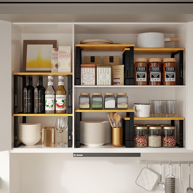 Adjustable Storage Shelves for Kitchen Cabinet Organization - Set of 2 Stackable Metal & Solid Wood Racks, Space-Saving Design for Countertop/Pantry/Garage, Easy Assembly(1 Pack/Medium/Black)