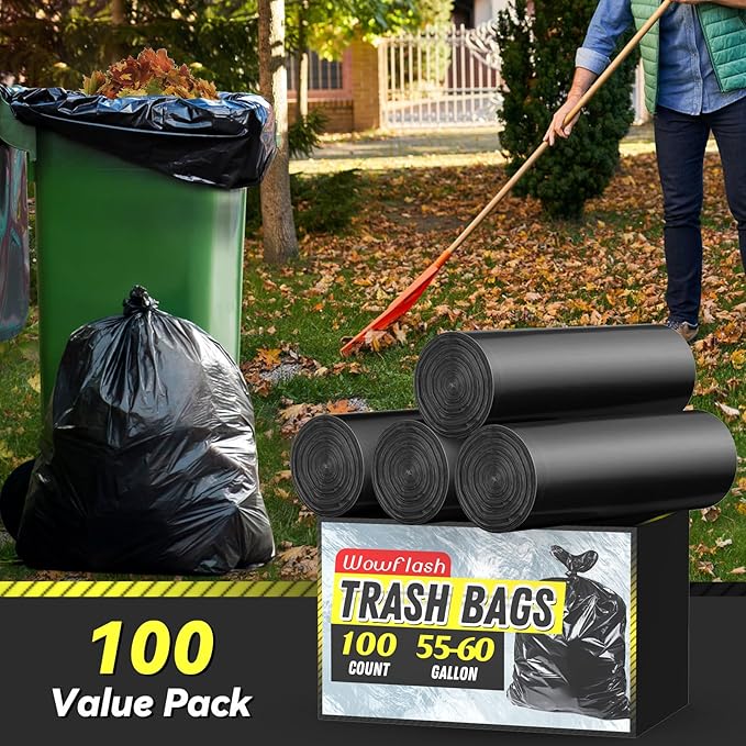 100 Count 55-60 Gallon Trash Bags, Sturdy & Tear-Resistant Commercial Can Liners 55 Gallon, Large Garbage Bags, Large Black Trash Bags for Commercial, Lawn and Leaf Bags