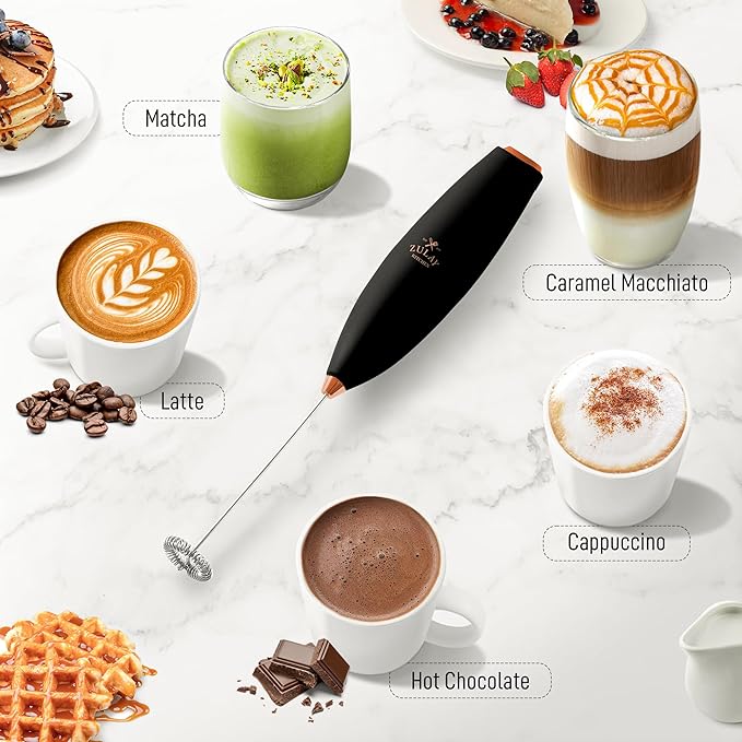Zulay Kitchen Milk Frother Handheld Electric Whisk with AA Duracell Batteries – Durable Drink Mixer for Coffee, Lattes, Cappuccinos & More - Black Copper