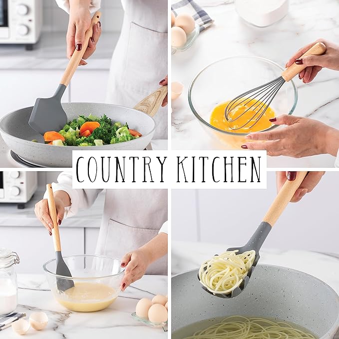 Country Kitchen Non Stick Silicone Utensil Set with Rounded Wood Handles for Cooking and Baking, 38 Piece Set, Gray