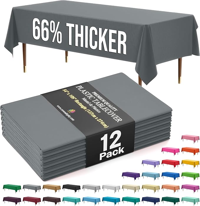 Exquisite 66% Thicker Premium Plastic Table Cloth Rectangle Table Cover 0.5 Mil 12 Pack Silver Table Cloth 54 Inch x 108 Inch Disposable Tablecloth Won't Tear Easily Like Cheap Thin Brands