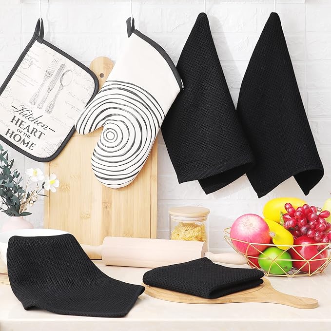 Homaxy 100% Cotton Waffle Weave Kitchen Dish Cloths, Ultra Soft Absorbent Quick Drying Dish Towels, 12 x 12 Inches, 6-Pack, Black