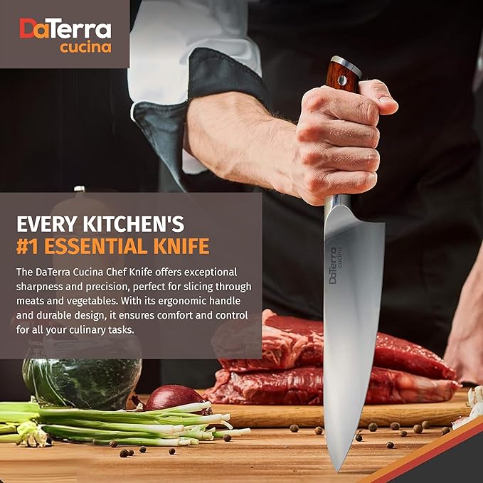 DaTerra Cucina - 8 Inch Chef Knife – German Steel Professional Kitchen Knife with Ergonomic Rosewood Handle, Sharp, Durable, Easy to Clean | Ideal for Chopping, Slicing & Dicing