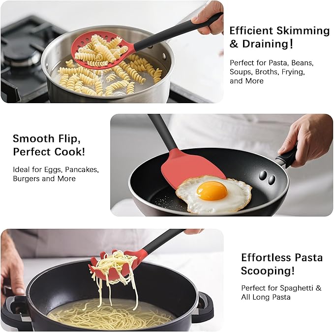 Coukre Silicone Kitchen Cooking Utensils Set with Holder – Heat-Resistant, Food-Grade Kitchen Tools, Spatula, Spoon & Gadgets for Non-Stick Pans, Dishwasher Safe (14, Red)