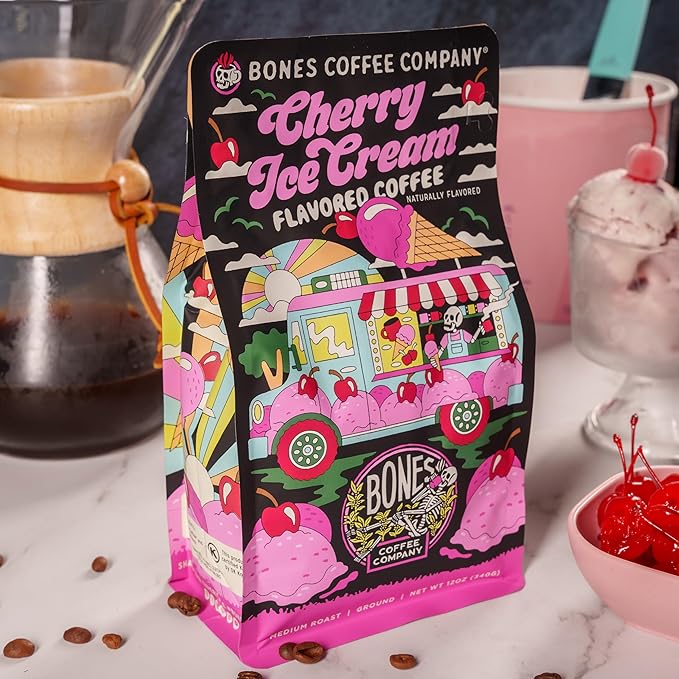 Bones Coffee Company Cherry Ice Cream Flavored Coffee, Medium Roast Low Acid Arabica Beans Compatible with Auto drip and French Press Coffee Maker, 12 Oz Whole Bean