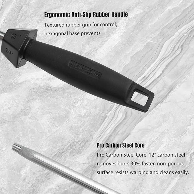 Knife Sharpener Knife Sharpening Rod Honing Steel with 15°-18°-20°Angle Guides Professional Carbon Steel with Black Rubber Grip for Kitchen Chef House Gift 12''
