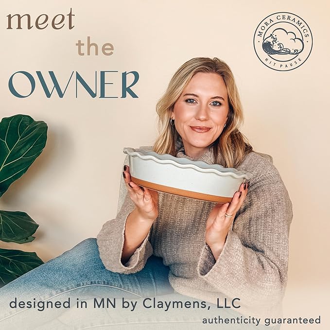 Mora Deep Fluted Ceramic Pie Dish for Apple Pie, Quiche, Tart - 9 inch - Modern Farmhouse Style Porcelain - Earl Grey