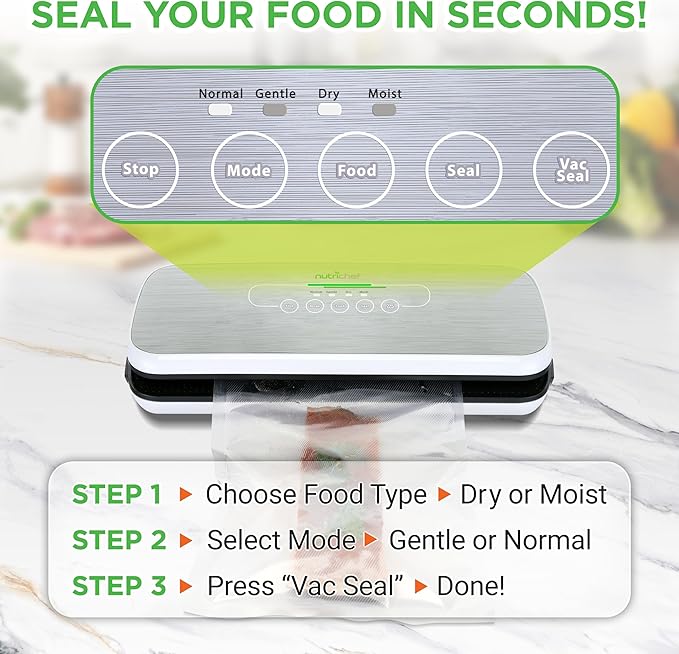 NutriChef Automatic Food Vacuum Sealer, Electric Air Sealing Preserver System for Dry and Moist Foods, LED Control, Strong Suction, Includes Bags, Wine Stopper Cork, and Air Suction Hose, 14”x6”x3”