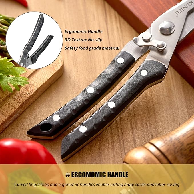 KUNIFU Poultry Shears, All Purpose Heavy Duty Kitchen Scissors For Food Turkey Meat Chicken Herbs, Cooking Scissors Utensils, Kitchen Gadgets Black
