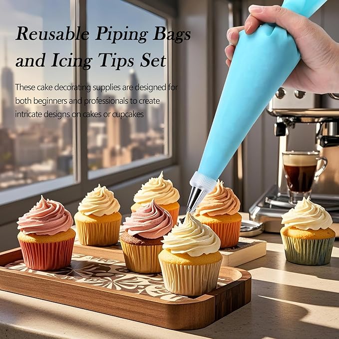 Piping Bags and Tips Set, Cake Decorating Kit with 2 Reusable Piping Bags, 24 Icing Tips, 2 Couplers, 3 Scrapers 2 Silicone Rings, Cupcake Decorating Kits Cake Piping Tips Frosting Piping Kit