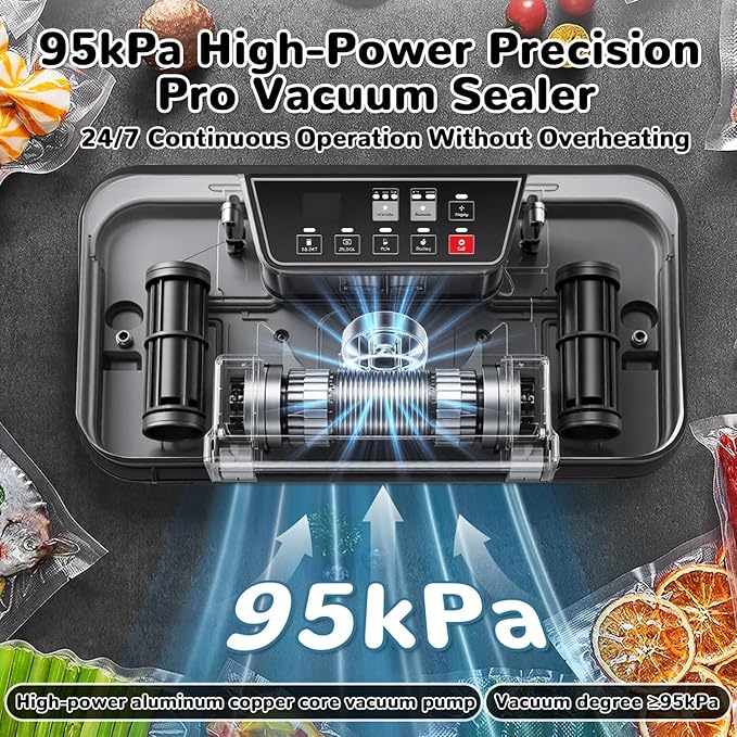 95Kpa Powerful Vacuum Sealer Machine, 11-in-1 Automatic Food Sealer with Double Seal, Built-in Cutter & Bag Storage, for Dry Moist Food Preservation, Extend Freshness 8X Longer