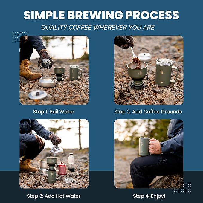 Pour Over Camp Coffee Maker Set– Vacuum Insulated Mug with Leakproof Lid, Stainless Steel Micro Filter, Scratch-Resistant Finish, Portable Coffee Maker for Camping, Travel & Outdoor Adventures