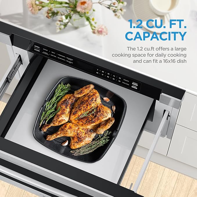 Midea MM12S2ASZ Oven 1000W, 1.2 Cu.ft Drawer, 24'' Built-in Microwave, Stainless Steel, Child Safety Lock, One-Touch, Auto-Menus
