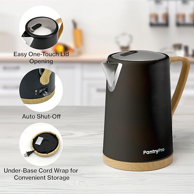 1.7L 1500W Wide Mouth Electric Kettle - Stainless Steel Interior - Rapid-Boil - Auto Shut-Off, Boil-Dry Protection, Cool-Touch, LED Indicator - Black by The Display Guys