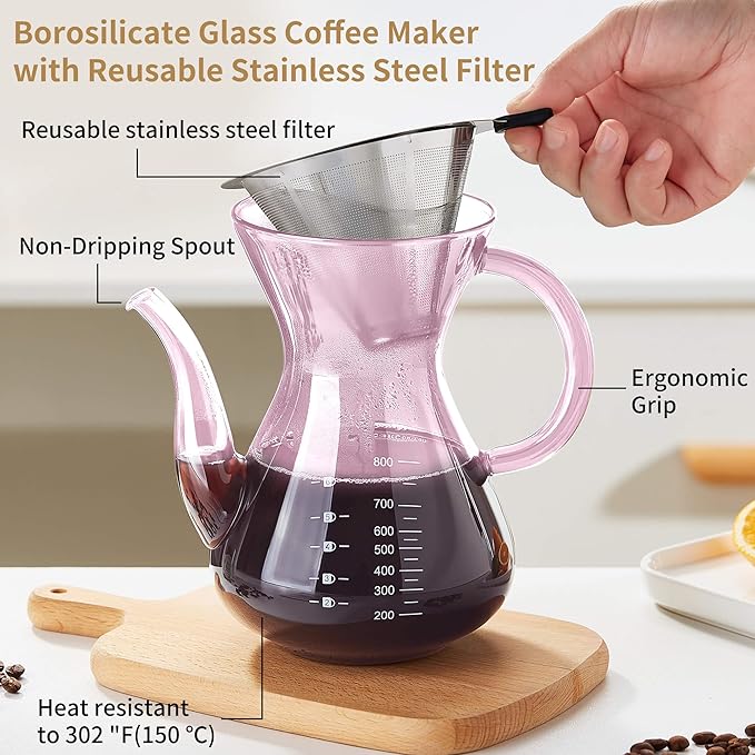 Unbreakable - Pour Over Coffee Maker with Double Stainless Filter 34 fl oz, Thickened Heat-Resistant Borosilicate Glass Pour Over Coffee Dripper, Stovetop Safe