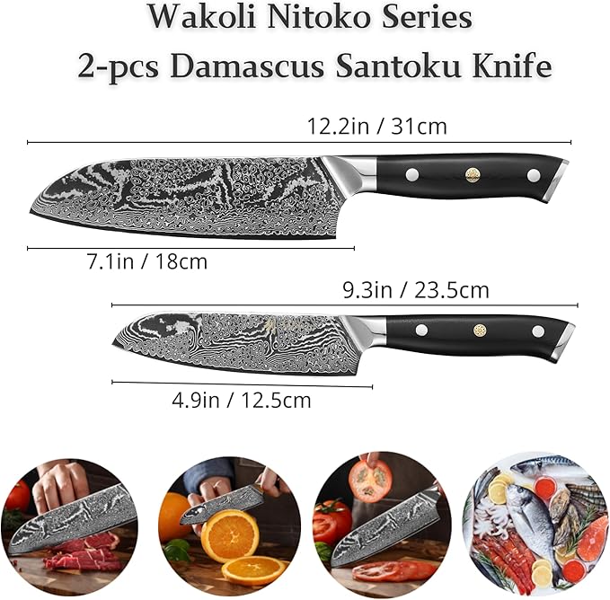Wakoli NIT 2-Piece Kitchen Knife Set – Professional Damascus Chef Knives | 67-Layer VG10 Core Steel | Ergonomic G10 Handle | Santoku Knife & Small Santoku in Wooden Gift Box