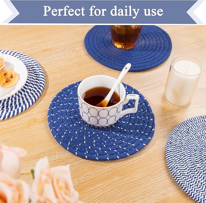 SHACOS 8 Inches Trivets for Hot Dishes, 4 Pieces Cotton Trivets Mats for Kitchen, Hot Pads for Countertops and Table, Heat-Resistant Pot Holders for Hot Pots and Pans(Deep Blue, 4pcs)