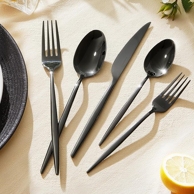 KINGSTONE Silverware Set, 40-Piece Flatware Set Cutlery Set Premium 18/10 Stainless Steel, Tableware Include Forks Knives Spoons for Home Kitchen Restaurant Wedding, Dishwasher Safe,Black