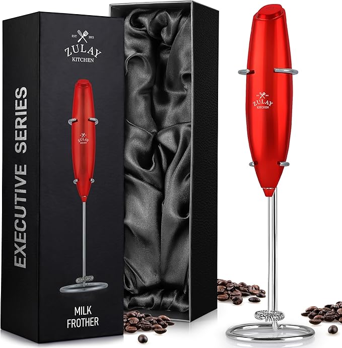 Zulay Kitchen Executive Series Luxury Gift Milk Frother – Handheld Electric Foam Maker for Coffee, Lattes & Hot Chocolate – Deluxe Finish, Great Fir for Coffee Lovers (Cardinal Red)