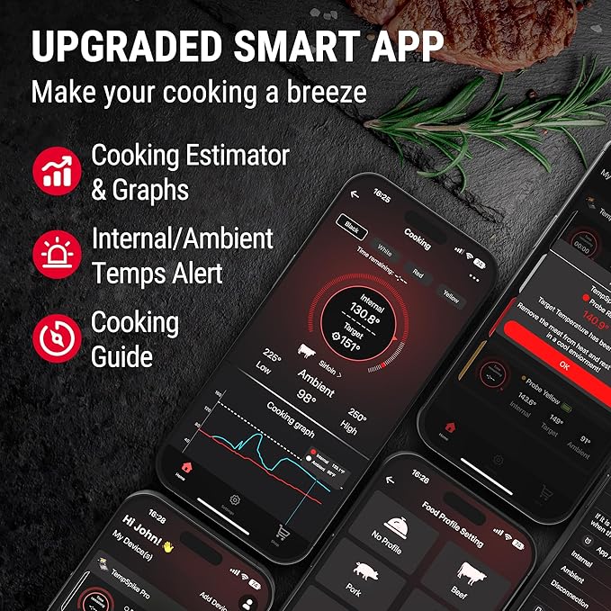 TempSpike Wireless Meat Thermometer Digital with App, WiFi & Bluetooth BBQ Grill Thermometer with High Precision, Waterproof & Heat-Resistant Probes, Rechargeable Base with Display for BBQ Smoker Oven