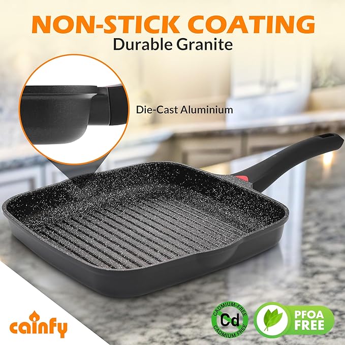 11 Inch Non Stick Grill Pan Granite Coated with Pour Spout - Lightweight 2.66 Quart Grill Pan for Indoor Cooking with Grip Handle - Induction Compatible PFOA Free Stove Top (Black)