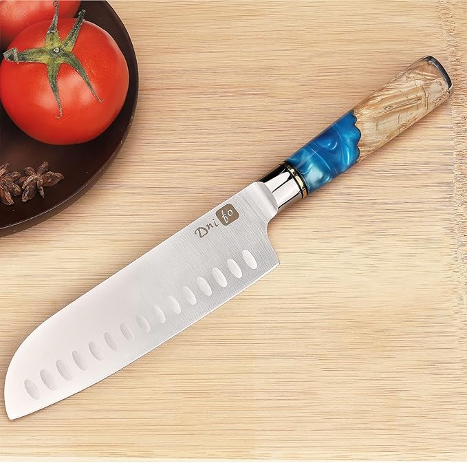 Santoku Knife 7 Inch, Ultra Sharp Japanese Chef Knife, High Carbon Stainless Steel Kitchen Knife with Gift Box and Resin Wood Handle, Ideal Gift for Men and Women