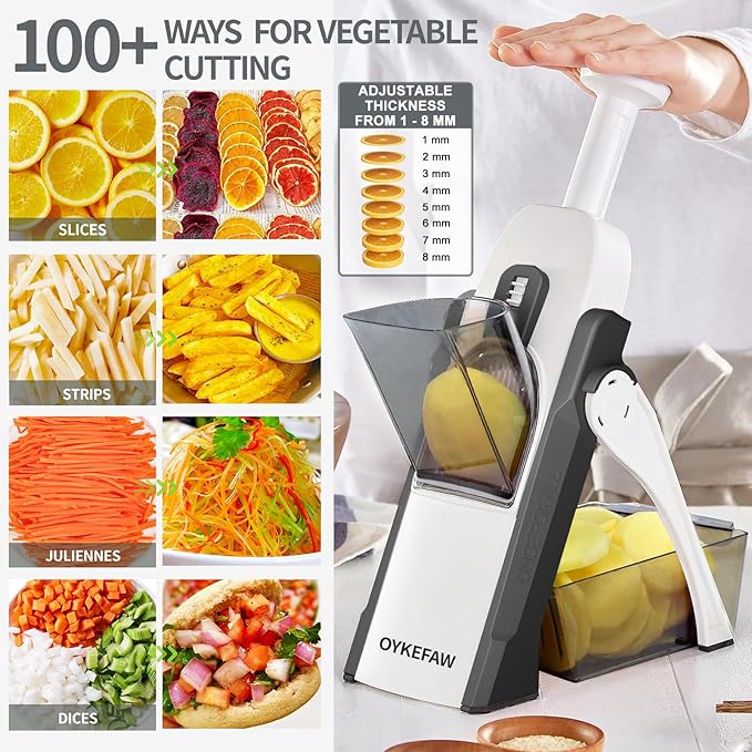 Safe Mandoline Slicer for Kitchen, 5 in 1 Vegetable Food Chopper, Potato French Fry Cutter, Fruit Slicer, Adjustable Thickness 0.1-8 mm, Kitchen Chopping Artifact Fast Meal Prep (Gray)