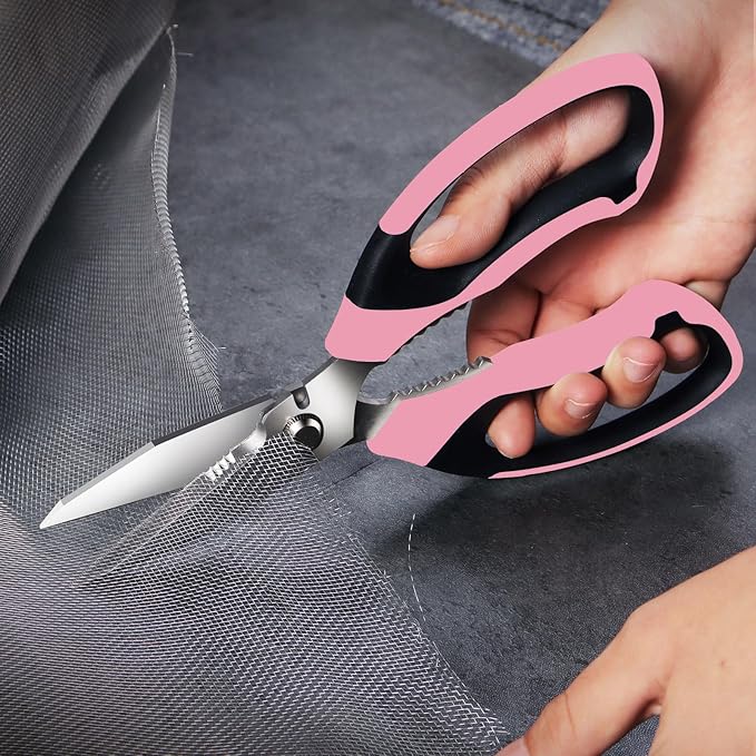8-Inch Heavy Duty Utility Scissors All Purpose, Serrated Blade, Pink Comfort Grip for Cutting Carpet, Cardboard, Leather, Fabric, Multipurpose Sharp Shears for Kitchen, Garden, Office, Carft