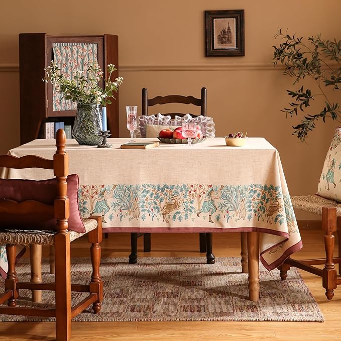 patdrea Designer French Tablecloth for Rectangle Table,Vintage Linen Trees Pattern Beige Tablecloths,Decoration Table Cover for Kitchen Dining Christmas,Thanksgiving,55"x87"-Tatiana D