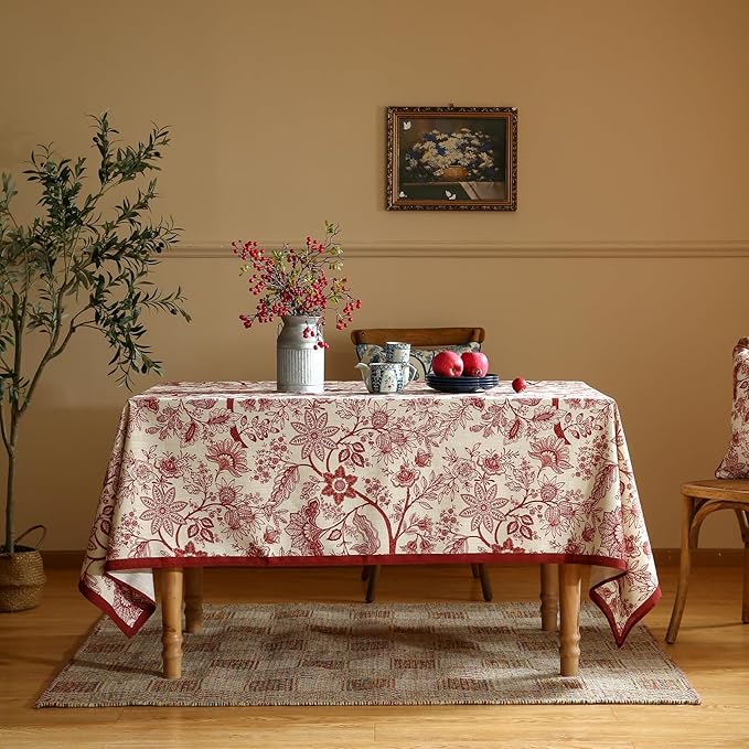 ISAENNE Designer French Linen Long Rectangle Tablecloth,Red Floral Washable Indoor Table Cloth,Durable Home Decor Tablecloths for Dining Thanksgiving Kitchen Party Christmas,63"*94"-Ruyi A